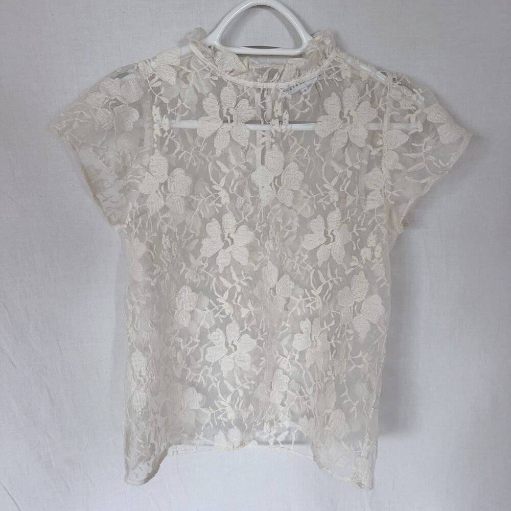 Endless Rose Sheer Floral Embroidered Mesh Blouse Ivory Ruffle Neck Sz S Fairy - Picture 2 of 13